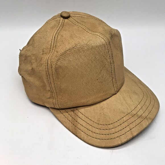 Vintage 90s Adventure Bound Baseball Cap Tan Genuine Leather Strapback Hat USA - Picture 2 of 8